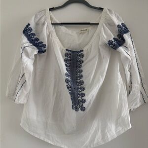 Madewell White Peasant Tunic with Navy Embroidery